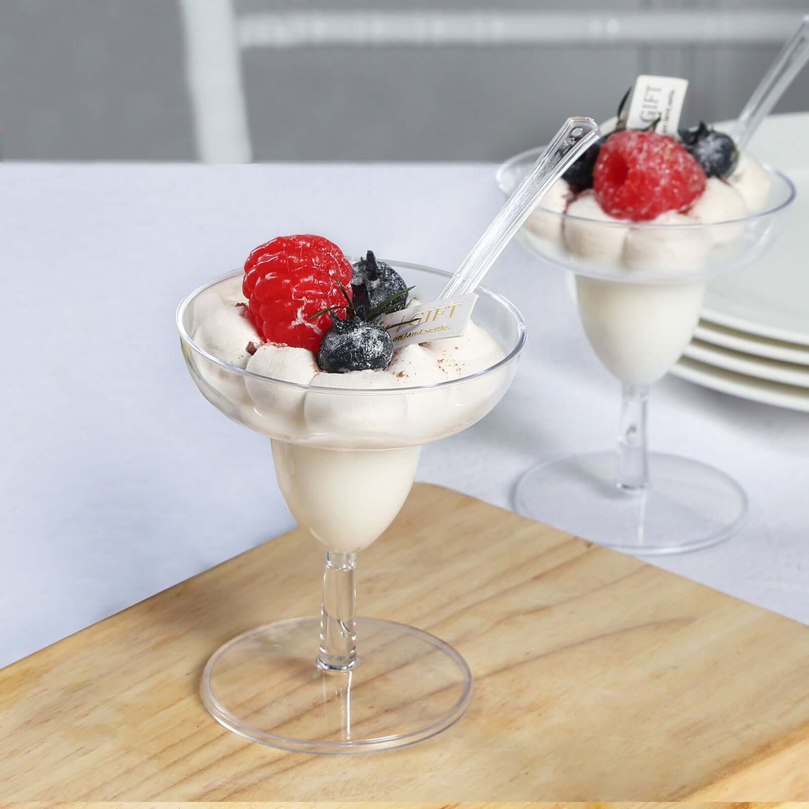 24-Pack Crystal Clear Mini Plastic Margarita Glasses 2oz, Spoons Included - Disposable Dessert Appetizer Cups